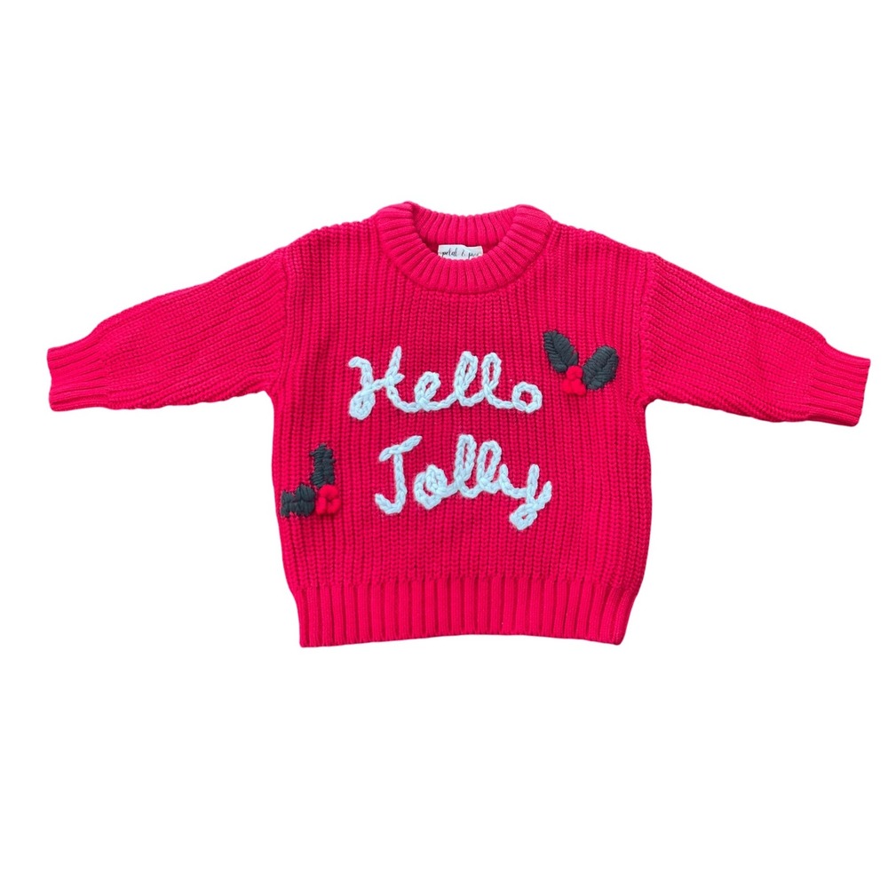 Petal & Pine Cute Red Hello Jolly Christmas Holly Knit Sweater 12m Cotton NEW